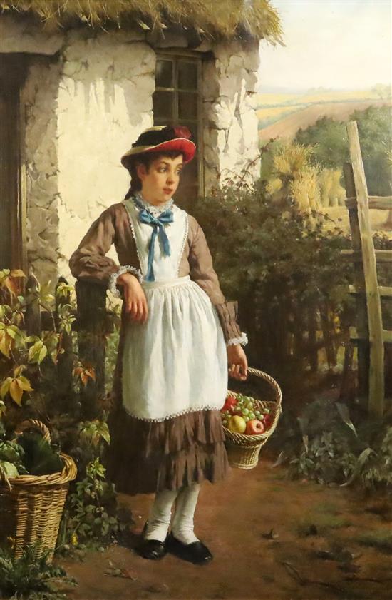 Johan Seyler (19thC.) Girl holding a basket of fruit standing beside a cottage door 43 x 30.5in.